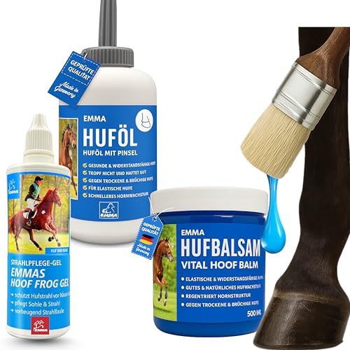 EMMA Huföl Pferd mit Pinsel & Strahlmittel & Huffett Pferd I Strahlfäule Pferde Mittel I Huföl Pferde mit Pinsel gegen trockene Hufe & Huffäule Huffestiger Hufbalsam für Pferde 2x0,5L 0,1l von EMMA