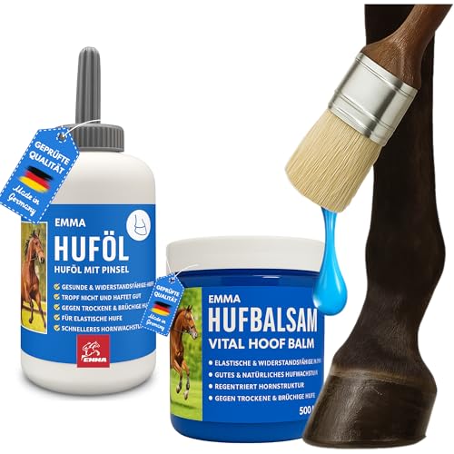 EMMA Huffett Pferd & Huföl Pferd 2X 500 ml I Hufbalsam für Pony gesunde Hufe I Huföl Pferde mit Pinsel - Hufpflege Pferd gegen trockene Hufe & Strahlfäule Mittel I Huf Fett Strahlmittel von EMMA