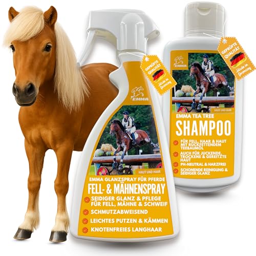 Mähnenspray Pferd & Pferde Teebaumöl Shampoo Pferdepflege-Set 2x0,5l I Pferdeshampoo I Schweifspray für Pferde Mädchen Geschenk I Hundeshampoo gegen Geruch für irritierte Haut I Fellpflege Hund Pferd von EMMA
