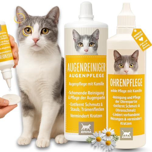 EMMA Augentropfen Katze & Ohrenreiniger Katze - Ohrentropfen Katze - Erste Hilfe Set Katze • Ohr Reinigung gegen Juckreiz & Schmutz • Ohrenpflege Ohrreiniger Tränenfleckentferner Kamille 2x100ml von EMMA