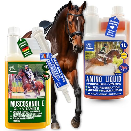 Muscosanol Reiskeimöl Pferd & Leinöl Pferde & Aminosäuren 2x1L 30ml mit Vitamin E & Vitamine komplex - Muskelaufbau Pferd I Leinsamenöl kaltgepresst I Omega 3 Öl Unterstützung für Muskulatur Leistung von EMMA