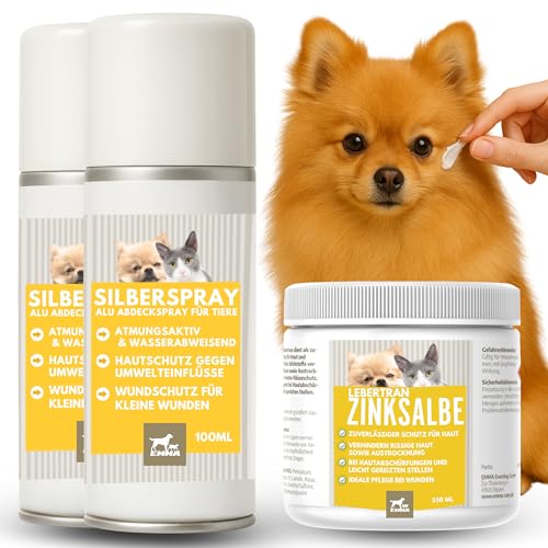 Erste Hilfe Set Tiere Wundspray Hund & Lebertran Zinksalbe 2x0,1 0,25L Silberspray Hund I Wund Spray Katze Lebertran-Zinksalbe bei Wunder Haut mit Zink für Tiere I Zinksalbe Wundsalbe Gegen Juckreiz von EMMA