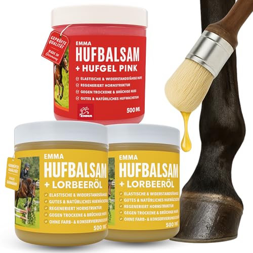 Huffett Pferde mit Lorbeeröl & Hufgel pink 3x0,5l Pflegeöl I Hufbalsam für Pferde gesunde Pferdehufe I Huffett Pferd mit Pinsel auf Hufe gegen trockene Hufe & Anti Strahlfäule Pferd Mittel I Huf Fett von EMMA