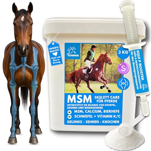 MSM Pferd - MSM Pulver für Pferde & Paste 3Kg30ml Gelenk Pulver mit Schwefel Glucosamin Chondroitin Bierhefe Calcium Vitamin C D hochdosiert I Schwefelpulver Unterstützung Gelenke Pferd Knochen von EMMA