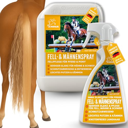 Mähnenspray Pferd 0,5 2,5 l Fellpflege Pferde Glanzspray & Kämmbarkeit Fell Mähne Schweif I Schweifspray für Pferde Pflegeset I Top Glanz & leichtes kämmen I Conditioner I Anti Frizz Detangler Spray von EMMA