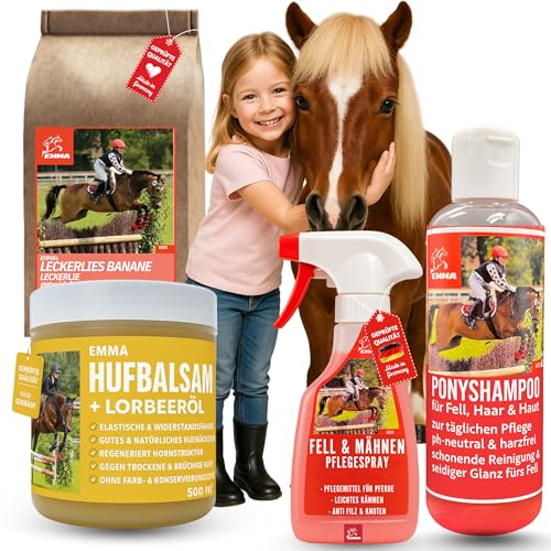 Mähnenspray Für Pferde I Pferde Shampoo I Huffett Pferde I Pferde Leckerlies I Schweifspray für Pferde I Pferdepflege Set Kinder - Leckerli Pferd 4 Teile Putzzeug Pferdepflege I Inhalt Putzbox Pferde von EMMA