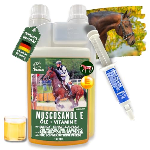 Muscosanol Reiskeimöl Pferd & Leinöl Pferde 1L 30ml mit Vitamin E Aminosäuren & Vitamine komplex - Muskelaufbau Pferd I Leinsamenöl kaltgepresst I Omega 3 Öl Unterstützung für Muskulatur & Leistung von EMMA