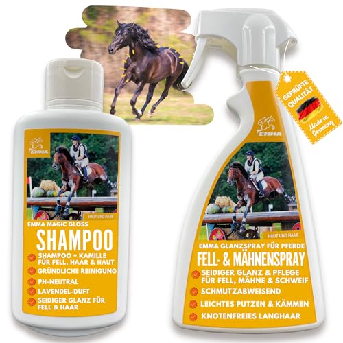 Schweif- & Mähnenspray & Pferdeshampoo mit Kamille für Hunde Pferde 2x0,5l I mildes Pferde Shampoo I Pferdepflege glänzendes Fell gegen Geruch I Hundeshampoo I für Glanz & Fellpflege Pferde Zubehör von EMMA