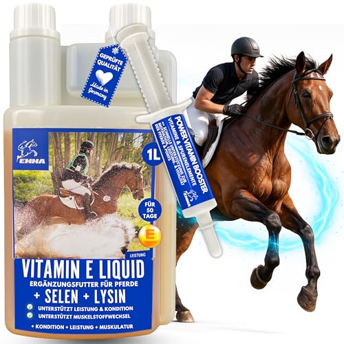 Selen Vitamin E Lysin Liquid & Paste für Pferde mit Selen Vitamin E Lysin hochdosiert I Pferd Vitamine komplex Unterstützung Energie Leistung Muskulatur & Regeneration für Muskelaufbau Pferd 1L 30ml von EMMA