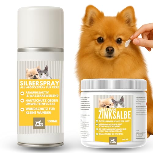 Erste Hilfe Set Hunde Wundspray Hund - Silberspray Hund & Lebertran Zinksalbe I Wund Spray Katze - Lebertran-Zinksalbe bei wunder Haut mit Zink für Tiere I Zinksalbe Wundsalbe Katze Juckreiz 0,1 0,25l von EMMA