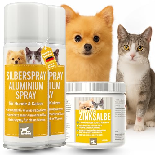 Erste Hilfe Set Hunde Wundspray Hund Silberspray Hund & Lebertran Zinksalbe 2x0,1 0,25l Wund Spray Katze - Lebertran-Zinksalbe bei Wunder Haut mit Zink für Tiere I Zinksalbe Wundsalbe Katze Juckreiz von EMMA