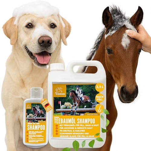 EMMA Teebaum Shampoo Pferdeshampoo für Pferde Hund mit Tea Tree Oil 2,5 0,5L Anti Schuppen Shampoo pH-Neutral Pflege glänzendes Haar Hundeshampoo mit Teebaumöl gegen Juckreiz für gereitzte Haut Fell von EMMA