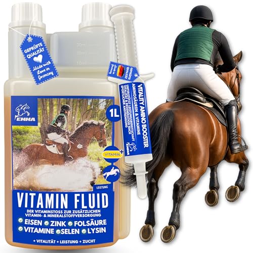 Vitamine für Pferde + Aminosäuren Pferd Booster - Mineralfutter Pferde B Vitamine I Vitamin E Pferd I Vitamin b b12 komplex Selen Zink Pferd Vitamin b1 b6 Mineralien Pferd Immunsystem stärken 1L30ml von EMMA