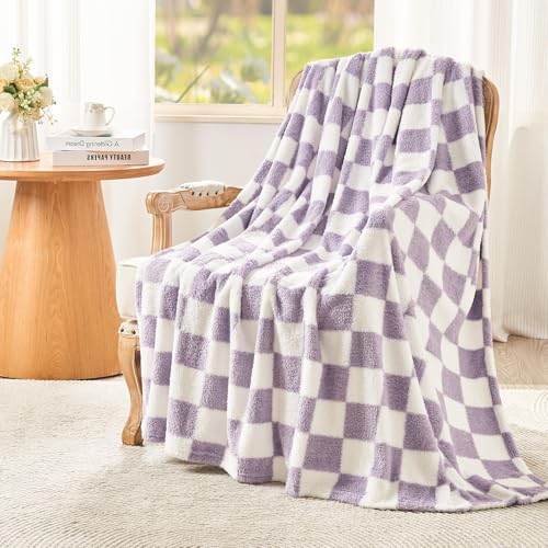 EMME Kuscheldecke Flauschige Sherpa - Karierte Decke, Weiche Warme Wolldecke&Fleecedecke, Tagesdecke, Überwurfdecke, Decke für Sofa, Couch, Lavendel, 130 x 150 cm von EMME