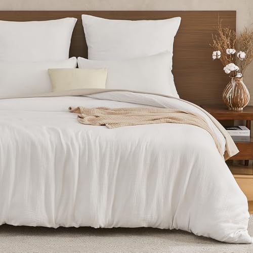 EMME Musselin Bettwäsche 100% Baumwolle, 220x240 Doppelte Sommer Bedding Bettwäsche-Sets mit Reißverschluss, 1er Set Bettbezug mit 2 Kissenbezüge 80x80 cm, Musselin Tagesdecke, ÖKO-TEX, Weiß von EMME
