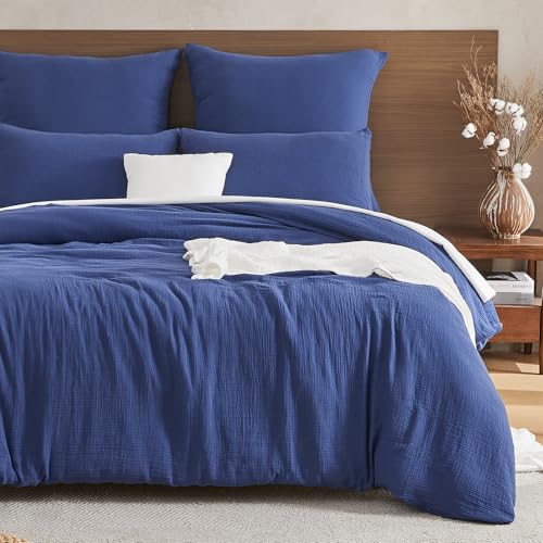 EMME Musselin Bettwäsche 100% Baumwolle, 220x240 Doppelte Sommer Bedding Bettwäsche-Sets mit Reißverschluss, 1er Set Bettbezug mit 2 Kissenbezüge 80x80 cm, Musselin Tagesdecke, ÖKO-TEX, Dunkelblau EMME Musselin Bettwäsche 100% Baumwolle, 220x240 Doppelte Sommer Bedding Bettwäsche-Sets mit Reißverschluss, 1er Set Bettbezug mit 2 Kissenbezüge 80x80 cm, Musselin Tagesdecke, ÖKO-TEX, Dunkelblau von EMME