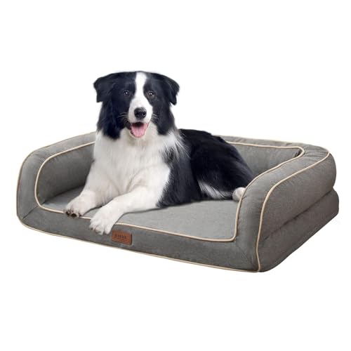 EMME Hundebett Mittelgroße Hunde, 91X71X23cm, Orthopädisches Hundebett, Memory Foam Hundesofa Wasserdicht Hundekissen, Hundekorb für Große Hunde, Hundebett Abwaschbar Mit Rand, Linien Grau von EMME