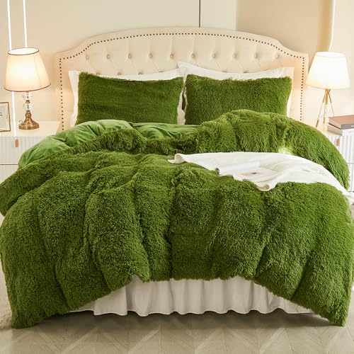 EMME Plüsch Bettwäsche Set 135x200cm Biber Flauschige Bettdecke Set für Bett Shaggy und Plüsch weiche Bettwäsche Bettbezüge und 1 Kissenbezug 80x80cm, Grasgrün von EMME
