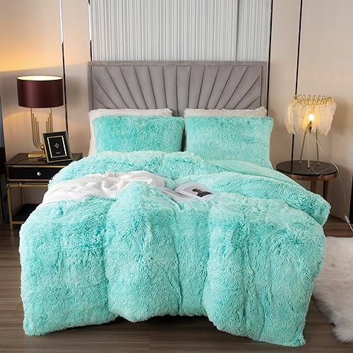 EMME Plüsch Bettwäsche Set 200x200cm Biber Flauschige Bettdecke Set für Bett Shaggy und Plüsch weiche Bettwäsche Bettbezüge und 1 Kissenbezug 2*(80x80cm),Aqua Ombre von EMME