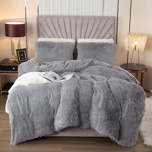 EMME Plüsch Bettwäsche Set 200x200cm Biber Flauschige Bettdecke Set für Bett Shaggy und Plüsch weiche Bettwäsche Bettbezüge und 1 Kissenbezug 2 x (80x80cm), Hellgrau von EMME
