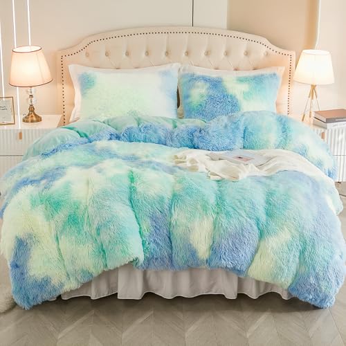 EMME Plüsch Bettwäsche Set 220x240cm Biber Flauschige Bettdecke Set für Bett Shaggy und Plüsch weiche Bettwäsche Bettbezüge und 1 Kissenbezug 2 x (80x80cm), Tie Dye Blau Grüne von EMME