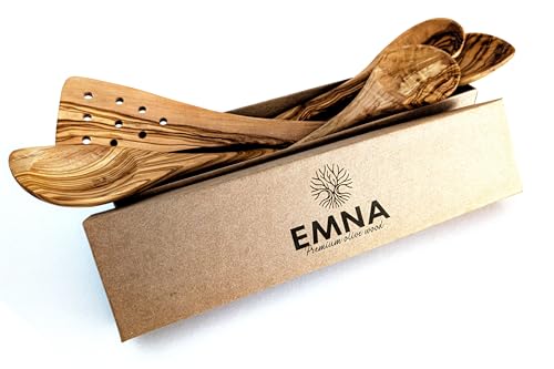 EMNA - 5-teiliges Oliven-Holz Küchenutensilien-Set | ca. 30 cm | Exklusive Geschenk-Box | Koch-Löffel | Pfannen-Wender | Unikat | Handarbeit | Geschenke | Geburtstag | Weihnachten | Frau | Muttertag von EMNA