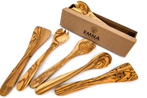 EMNA - 5-teiliges Olivenholz Küchenset | Das perfekte Geschenk für anspruchsvolle Feinschmecker | Hauch von Eleganz für den kulinarischen Genießer | Handgefertigte Schönheit für kulinarische Entdecker von EMNA