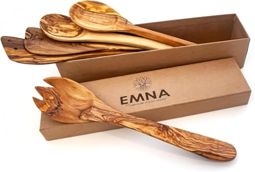 EMNA - 5-teiliges Olivenholz Küchenutensilien-Set | in einer exklusiven Geschenkbox | Kochlöffel | Salatbesteck | Flacher und Geschlitzter Pfannenwender | Geschenkidee | Frauentag | Ostern | Muttertag von EMNA