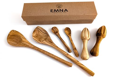 EMNA – Premium Oliven-Holz Set: 2 Kochlöffel, 2 Zitronenpressen & 2 kleine Löffel | Exklusive Geschenk-Box | Antibakteriell | Unikat | Handarbeit | Geschenke | Geburtstag | Weihnachten | Frau | Mutter von EMNA