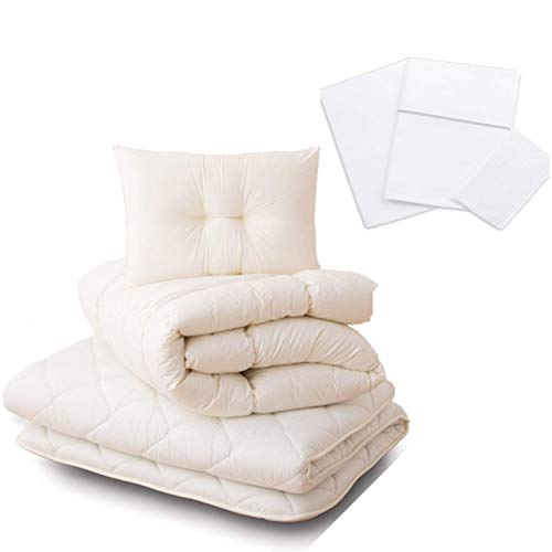 EMOOR 6-Teiliges Futon Set CLASSE(Matratze, Tröster, Kopfkissen, Bettdeckenbezug, Spannbetttuch und Kissenbezug), 140 x 200 cm, Weiß, Hergestellt in Japan von EMOOR