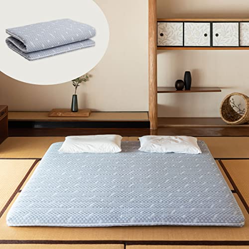 EMOOR Faltbare Hybrid-Futonmatratze 160 x 195 cm, Hochelastischer Urethanschaum 150N (Mittelfest) Mit Waschbarem Gepolstertem Bezug, Tatami-Boden-Schlafmattenauflage, Grau von EMOOR
