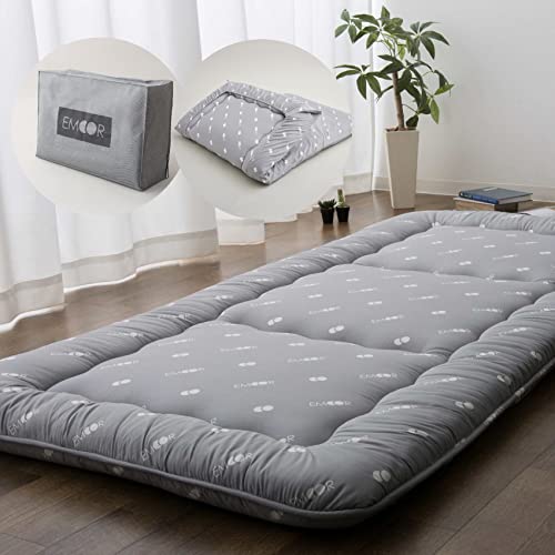 EMOOR Japanisches Boden-Futon-Set -Kyoto- (Matratze, Spannbettlaken und Aufbewahrungskoffer) 140 x 202 cm Grau, Fest, Polyester, Isomatte Tatami Bettauflage von EMOOR