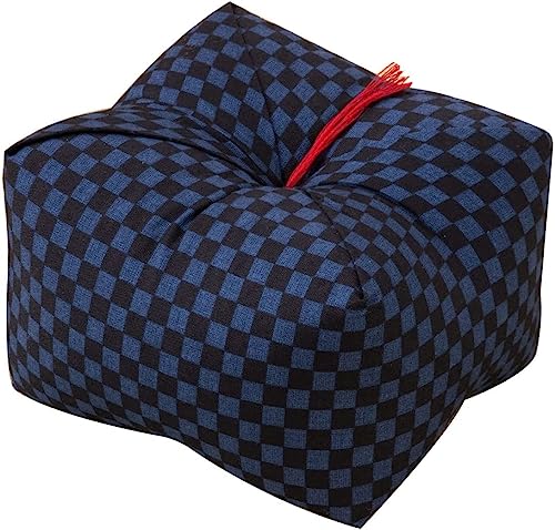 EMOOR Seiza-Kissen mit japanischen Buchweizenschalen, mittelgroß, 22,9 x 22,9 x 12,7 cm, hergestellt in Japan (Kariertes Blau), natürliche Buchweizenschalen, Sobagara-Boden-Sitzkissen, Tatami, kühles von EMOOR
