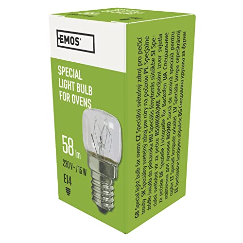 EMOS 15W Glühlampe für Backofen bis 300°C, Herd-Birne mit E14 Fassung, Helligkeit 58 lm, 230 V, Abmessungen 23 x 45 mm, Durchsichtig von EMOS