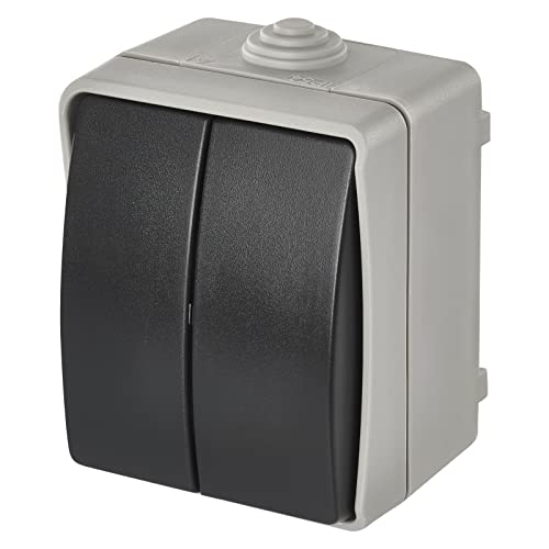 EMOS wasserdichter Serienschalter mit 2 Wippen, Doppelschalter für Beleuchtung, grau-schwarze Farbe, 250 V~/10 AX, Kunststoff, Aufputz zur Wandmontage, Schutzklasse IP54 für Außen von EMOS