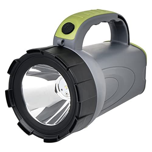 EMOS - aufladbarer LED-Handscheinwerfer - 300lm, max. 370m - 2 Leuchtmodi - 30 Std. - mit rutschfestem Handgriff und Tragegurt - mit Ladekabel/Autoadapter - für Außenbereich - grau-schwarz-grün von EMOS