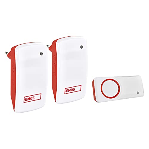 EMOS Batterielose Türklingel/Funkklingel Set mit 2 Empfängern, 150 m Reichweite und 10 Klingeltönen, 5 Stufen Lautstärke bis 110 dB/Visuelle Anzeige/Self-Learning Paarung/Farbe weiß/rot, P5750.2R von EMOS