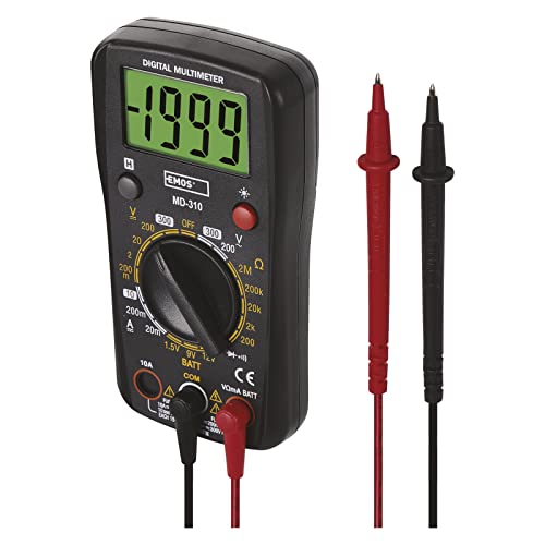 EMOS Digital-Multimeter CATIII 300V mit Meßspitzen, 2000 Counts AC/DC Spannungsprüfer, DC-Strom-Messgerät und Batterietester, Memory-Funktion, prüft Kontinuität, Widerstand, Dioden, inkl. Batterie, Schwarz von EMOS