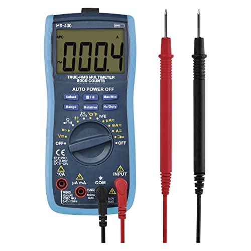 EMOS Digital-Multimeter CATIII 600V, True RMS Auto-Range Strommessgerät 6000 Counts mit Meßspitzen, Reduktion und Sonde, Memory-Funktion, inkl. Batterie, Blau, M0430 von EMOS