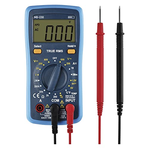 EMOS Digital-Multimeter CATIII 600V, True RMS Strommessgerät und Batterietester 2000 Counts mit Meßspitzen, Sonde, Memory-Funktion, inkl. Batterien, M0230, Blau von EMOS