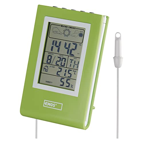 EMOS Digitale Wetterstation mit Außen- und Innen-Thermometer mit 1,9 m Kabelfühler, Wettervorhersage, Datum, Zeit, Mondphasen, Wecker-Funktion, batteriebetrieben, grün von EMOS