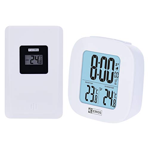 EMOS Digitales Thermometer mit Außensensor, Innen- und Außenthermometer mit Funkuhr, Wecker mit Snooze und Kalender von EMOS