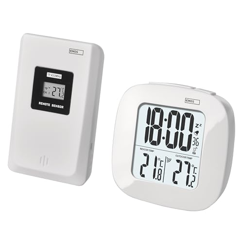 EMOS Digitales Thermometer mit Außensensor, Innen- und Außenthermometer mit Funkuhr, Wecker mit Snooze und Kalender von EMOS