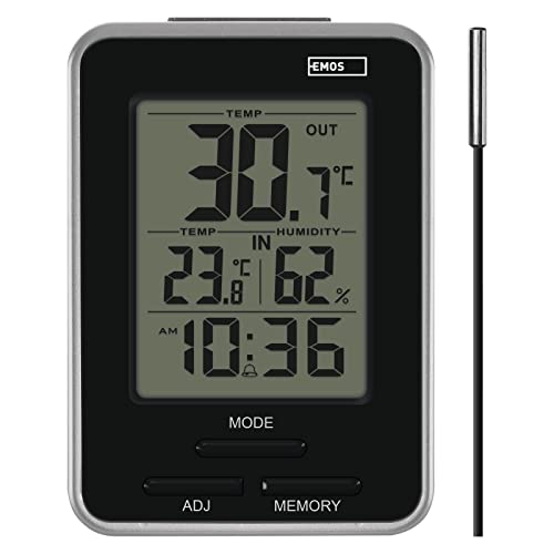 EMOS Digitales Thermometer mit Außensensor, Innen- und Außenthermometer und Hygrometer, Anzeige Min. und Max. Messwerte, Wecker mit Snooze-Funktion, batteriebetrieben, Silbern von EMOS