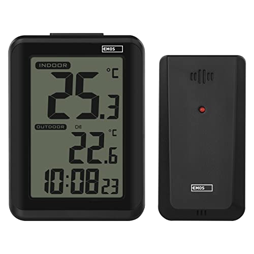 EMOS Digitales Thermometer mit drahtlosem Außensensor, Innen- und Außenthermometer und Hygrometer, Hintergrundbeleuchtung, Anzeige Min. und Max. Messwerte, Wecker mit Snooze-Funktion, Batteriebetrieb von EMOS