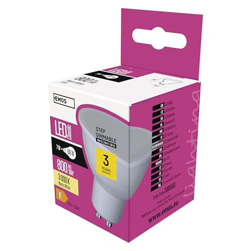 EMOS Dimmbare Spot LED Lampe, MR16, 7W Ersatz für 60W Halogenlampe, GU10 Sockel, 3-Step-Dimmen, Helligkeit 800 lm, Warmweiß 3000 K, 25000 Stunden Lebensdauer, CRI min. 80, 100° Abstrahlwinkel von EMOS