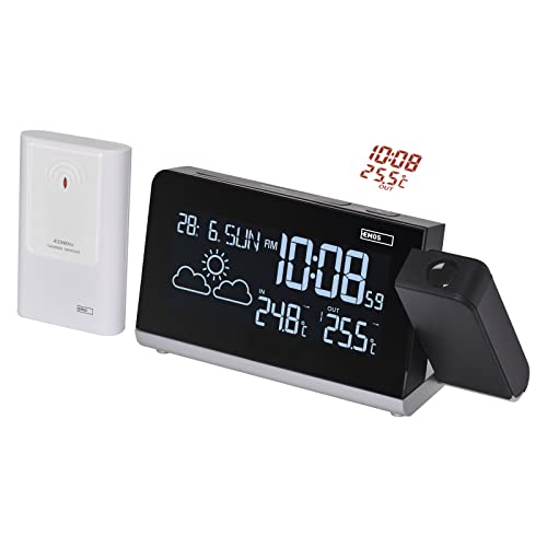 EMOS Funk-Wetterstation mit Projektion, Außensensor, VA-Display Anzeige und Projektor, Uhr, Temperatur, Thermometer, 2x Wecker, Kalender, Memory mit Min/Max-Temperatur von EMOS