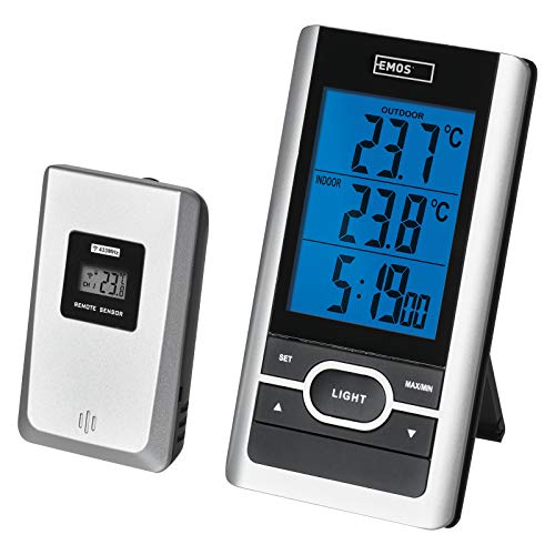 EMOS E0107 Drahtloses Digitales Aussen-und Innen-Thermometer mit Außensensor und Memory Funktion, batteriebetrieben, Kunststoff, Schwarz, Grau von EMOS