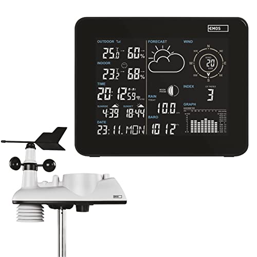 EMOS Profi WLAN Wetterstation mit WiFi und App, solarbetriebenem Außensensor - Regenmesser und Windmesser, Smart Funk Wetterstation mit Wettervorhersage, Thermometer und Barometer von EMOS