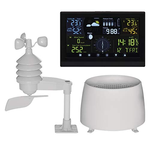 EMOS Profi Wetterstation Funk mit Außensensor und Touchscreen-Farbdisplay, Windmesser, Regenmesser, Wettervorhersage, mit Netzteil, Funkwetterstation Innen und Außentemperatur von EMOS